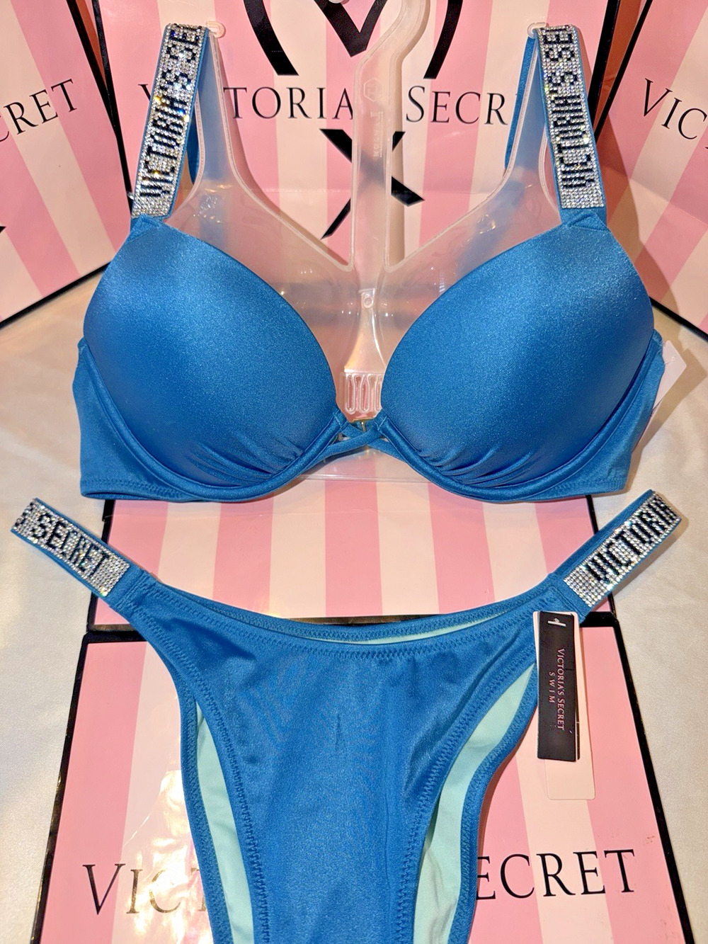Victorias Secret Bombshell Swimsuit Shine Strap 34B Med. Brazilian Blue $99